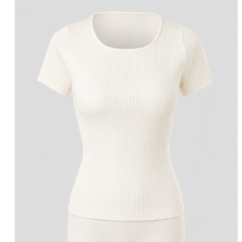 August Silk Petite Ribbed Knit Short Sleeve Top Off White Cream Silk Blend P